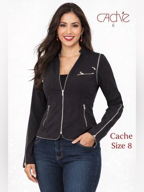 Cache Black Zip Detail Jacket Blazer Size 8 Edgy Moto Style designer chic